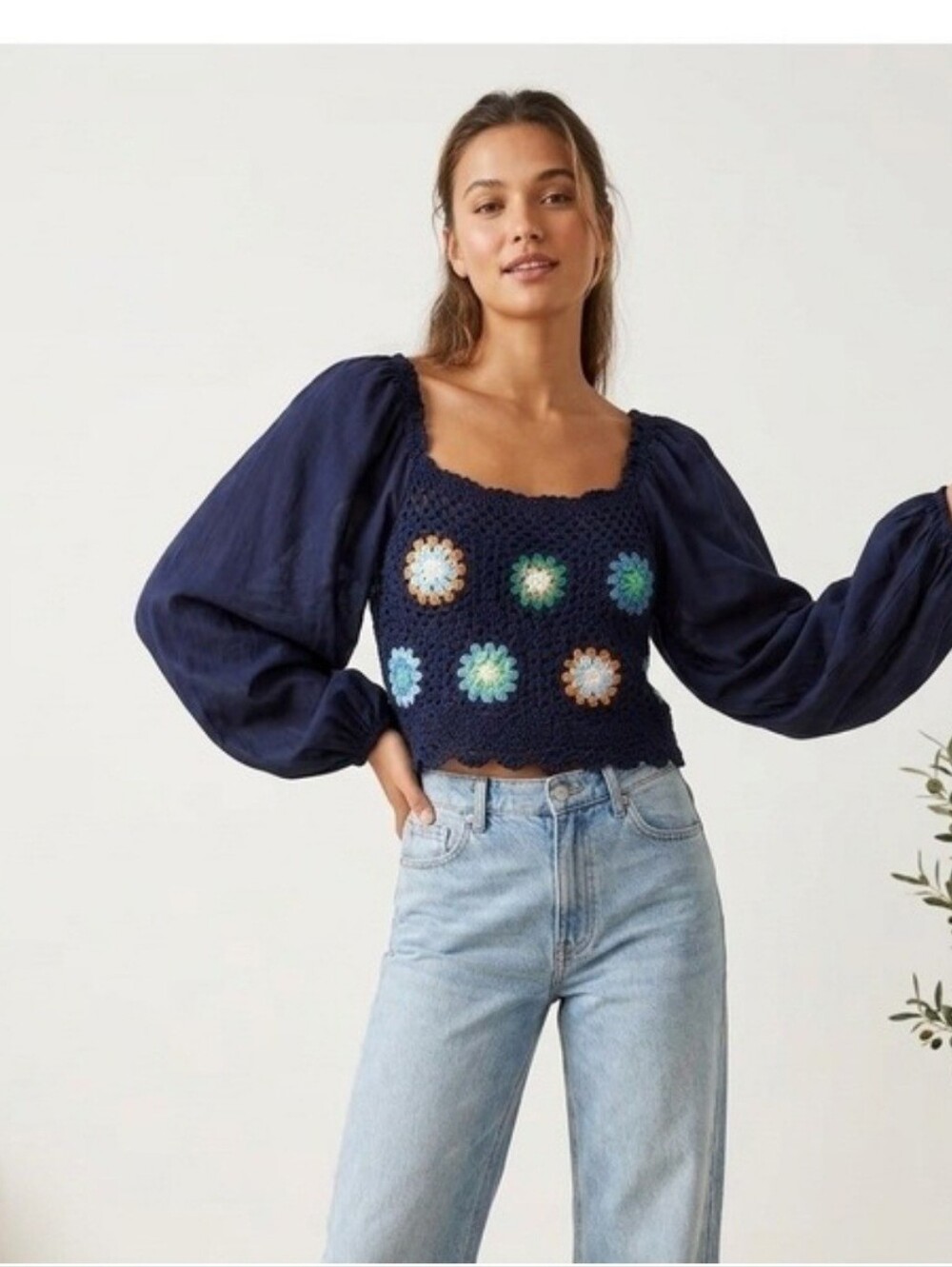 Aerie Navy Blue Crochet Top